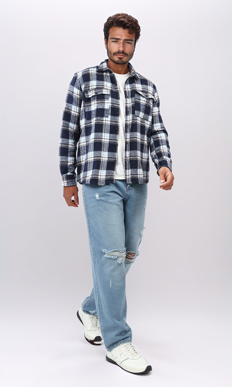 o200612 - Full Buttoned Plaids Heavy Winter Shirt - Navy & Brown