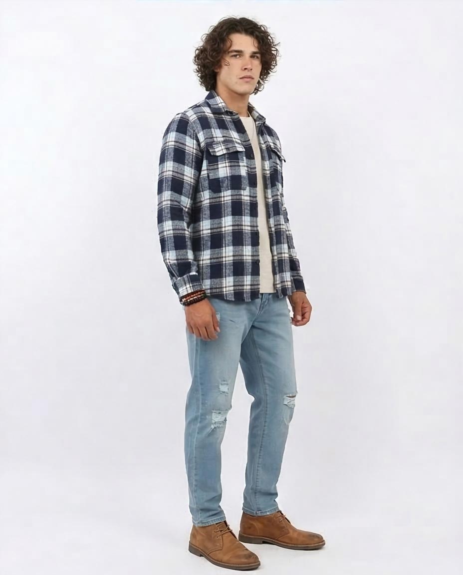 Navy and White Checkered Heavy Flannel Shirt - O200612