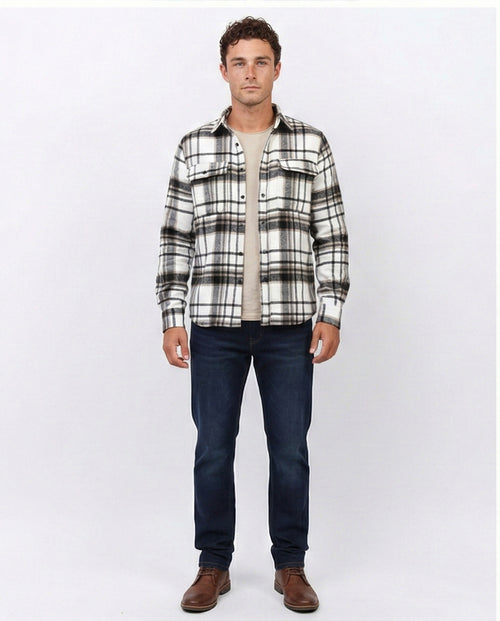 Cream & Brown Plaid Flannel Button-Down Shirt - O200613