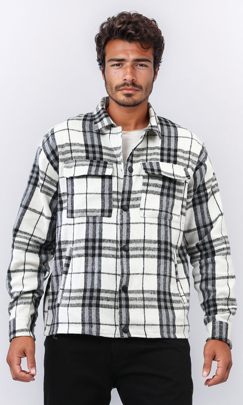 o200616 - Full Buttoned Plaids Heavy Winter Shirt - White & Blue