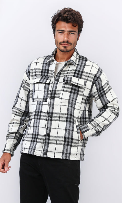 o200616 - Full Buttoned Plaids Heavy Winter Shirt - White & Blue