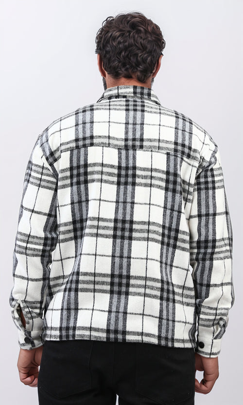 o200616 - Full Buttoned Plaids Heavy Winter Shirt - White & Blue