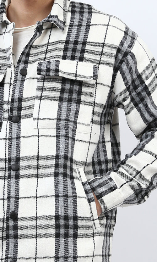 o200616 - Full Buttoned Plaids Heavy Winter Shirt - White & Blue