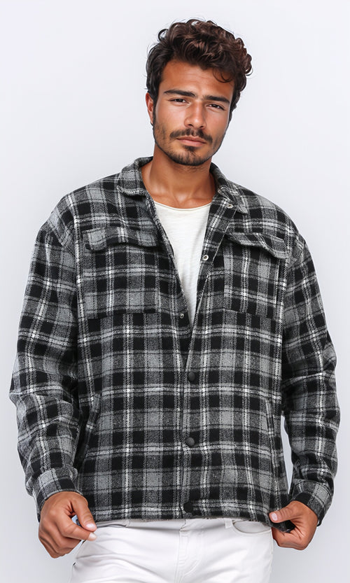 o200617 - Snap Buttoned Plaids Heavy Winter Shirt - Dark Grey & Black