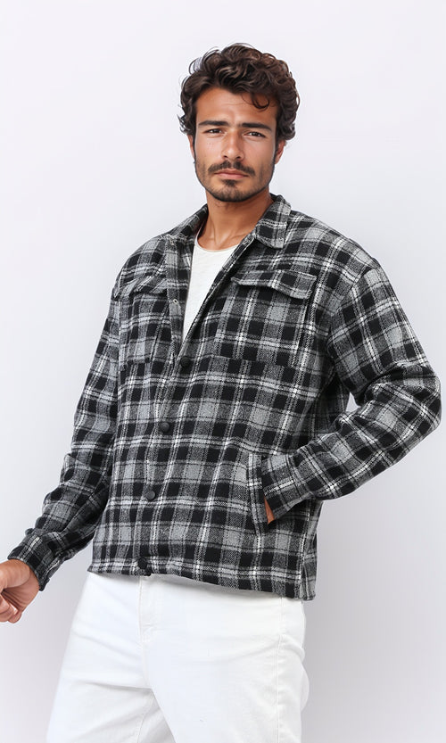 o200617 - Snap Buttoned Plaids Heavy Winter Shirt - Dark Grey & Black