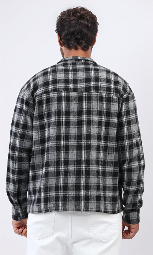 o200617 - Snap Buttoned Plaids Heavy Winter Shirt - Dark Grey & Black