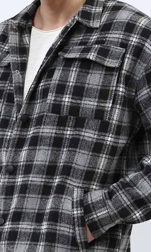 o200617 - Snap Buttoned Plaids Heavy Winter Shirt - Dark Grey & Black