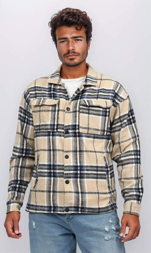 o200618 - Snap Buttoned Plaids Heavy Winter Shirt - Beige & Blue