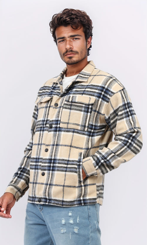 o200618 - Snap Buttoned Plaids Heavy Winter Shirt - Beige & Blue