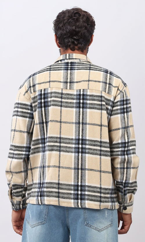 o200618 - Snap Buttoned Plaids Heavy Winter Shirt - Beige & Blue