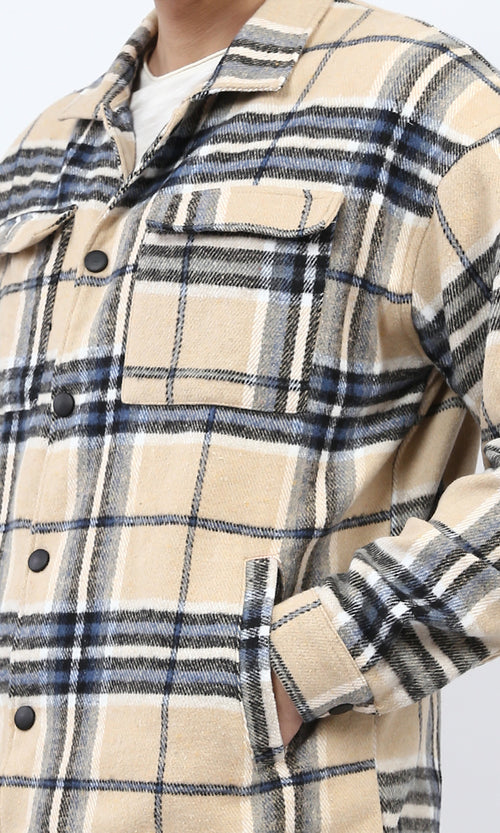 o200618 - Snap Buttoned Plaids Heavy Winter Shirt - Beige & Blue