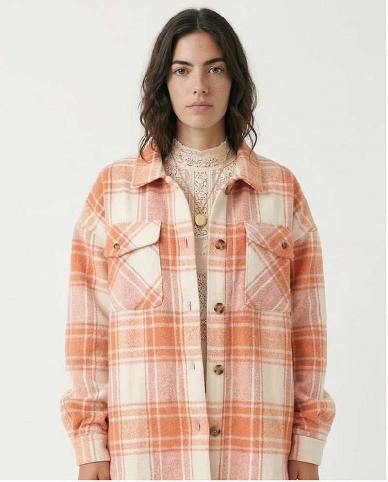 Ravin Oversized Plaid Flannel Shacket - Rose & Cream - O200622