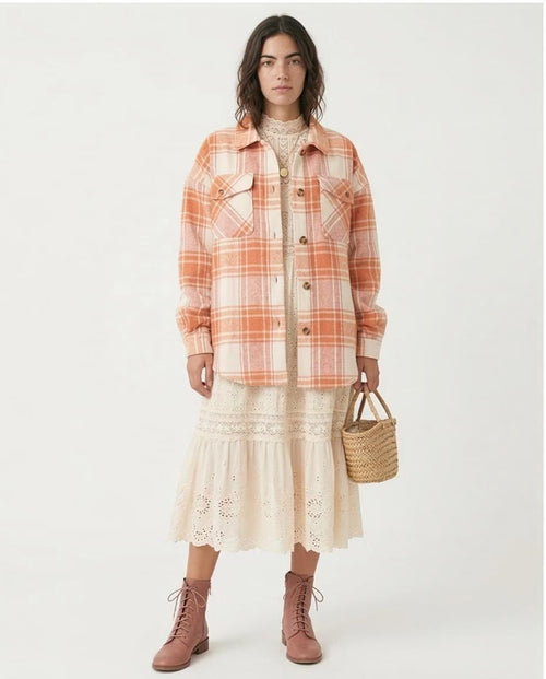 Ravin Oversized Plaid Flannel Shacket - Rose & Cream - O200622