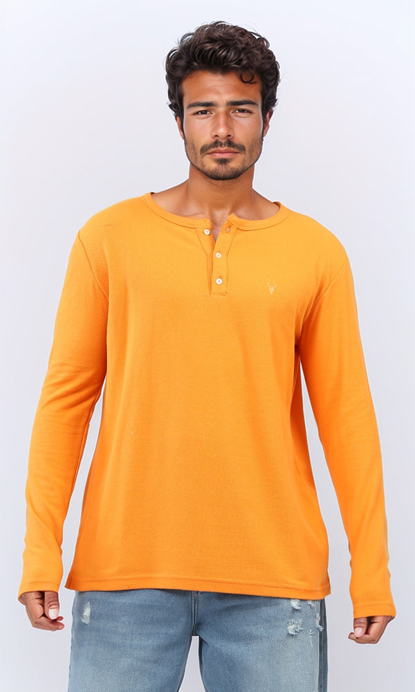 o200708 - Solid Henley Shirt With Buttoned Neck - Hot Orange