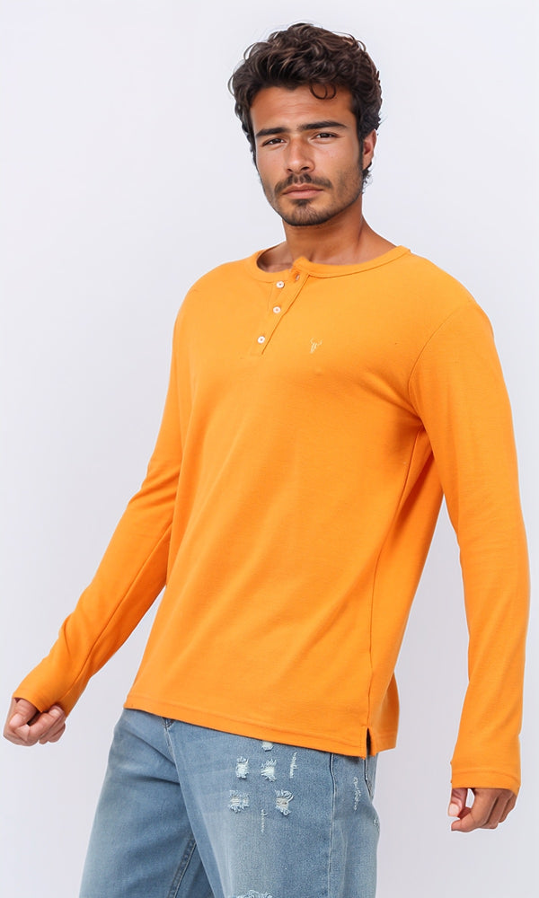 o200708 - Solid Henley Shirt With Buttoned Neck - Hot Orange