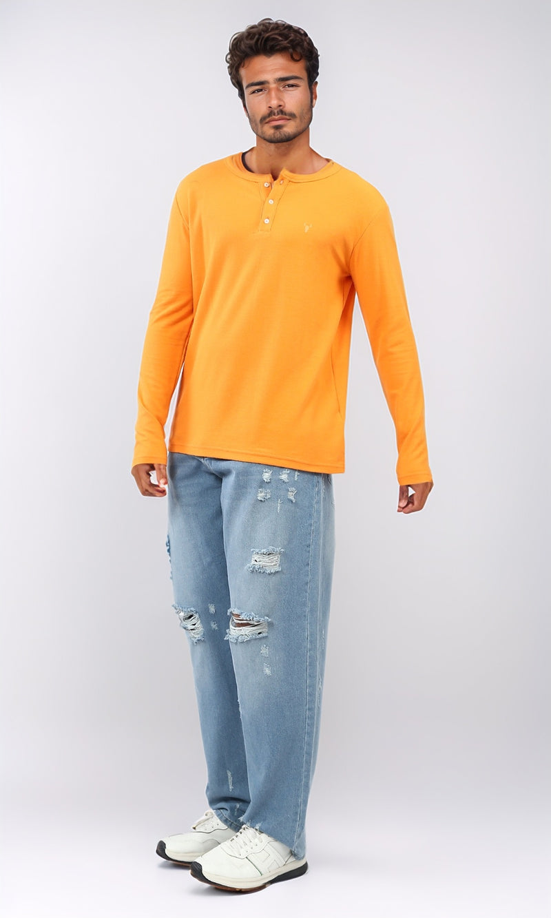 o200708 - Solid Henley Shirt With Buttoned Neck - Hot Orange
