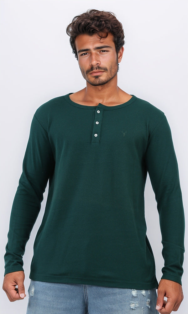o200709 - Solid Henley Shirt With Buttoned Neck - Dark Green