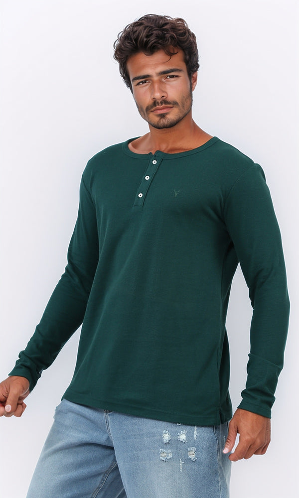 o200709 - Solid Henley Shirt With Buttoned Neck - Dark Green