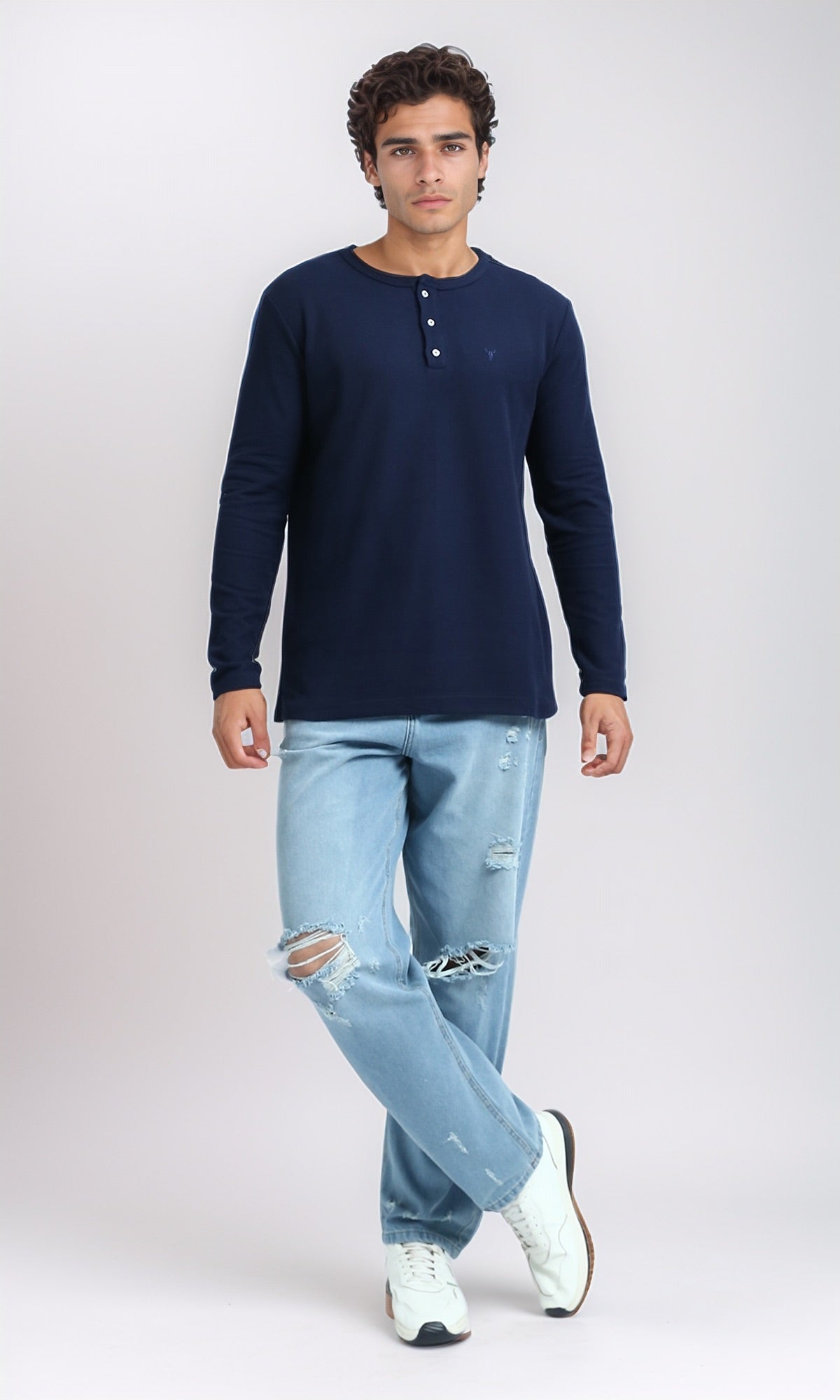 Navy Blue Long Sleeve Henley Tee - O200710