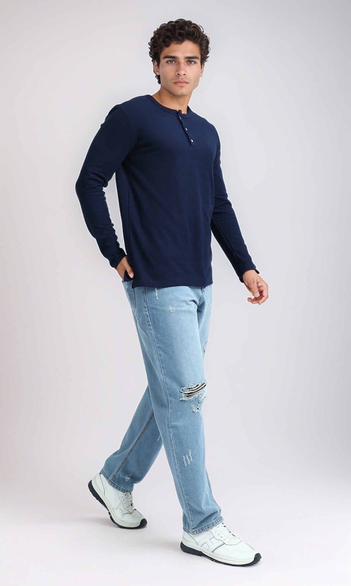 Navy Blue Long Sleeve Henley Tee - O200710
