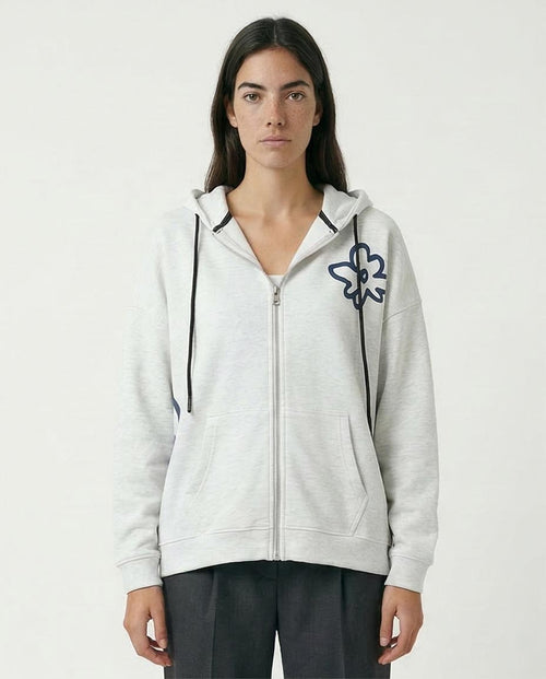 Ravin Oversized Heather Grey Zip-Up Hoodie with Floral Typography Graphics - O200712