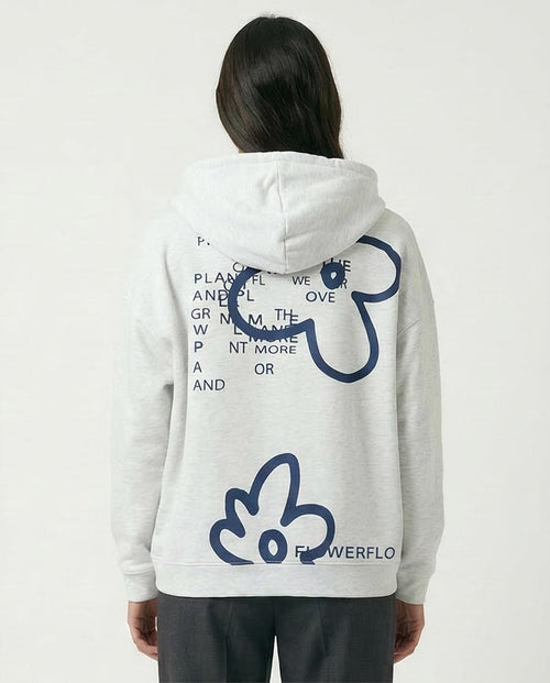 Ravin Oversized Heather Grey Zip-Up Hoodie with Floral Typography Graphics - O200712