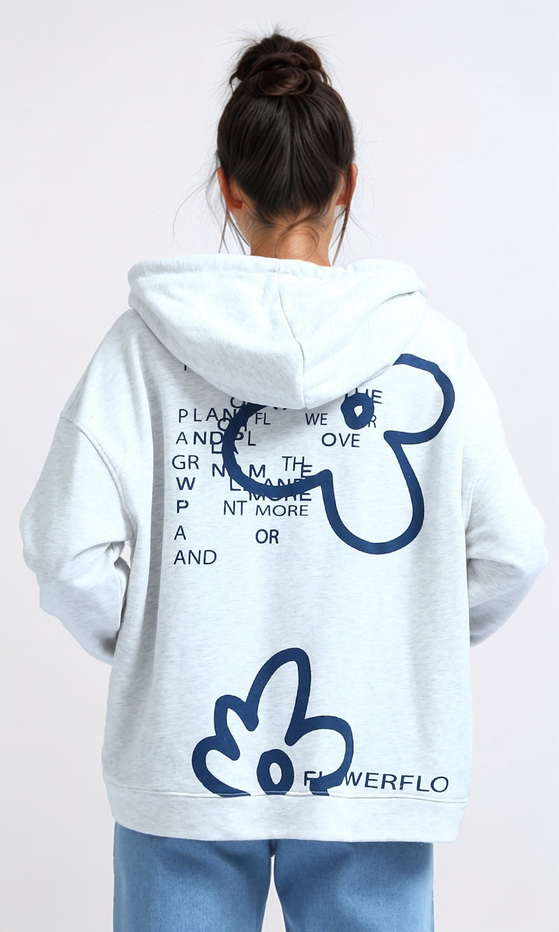 O200712 - Printed Long Sleeves Hoodie - Heather Light Grey