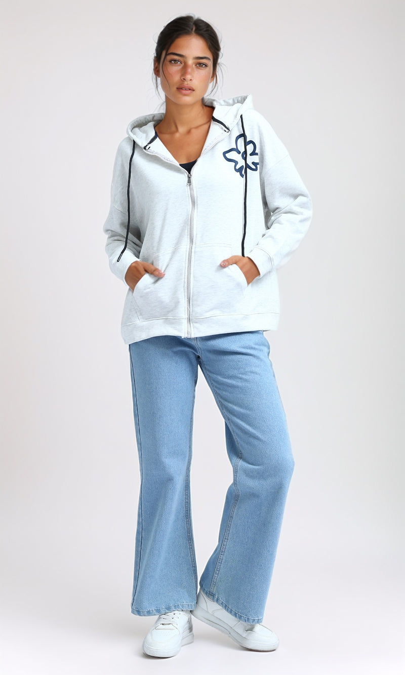 O200712 - Printed Long Sleeves Hoodie - Heather Light Grey