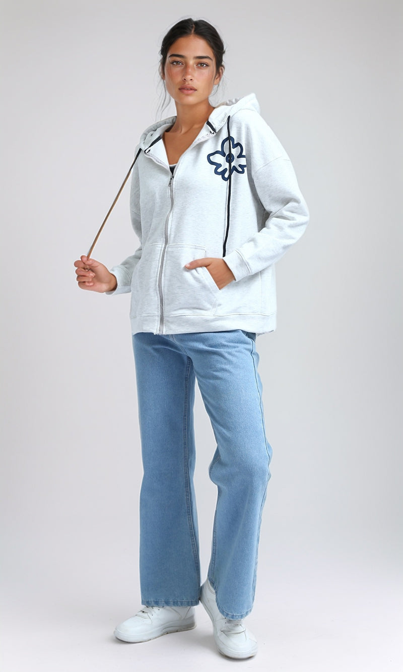 O200712 - Printed Long Sleeves Hoodie - Heather Light Grey