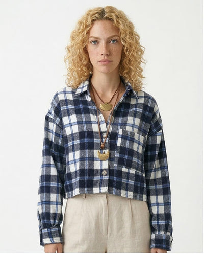 Product Title: Ravin Women’s Cropped Plaid Flannel Shirt – Navy & Blue Check - O200714