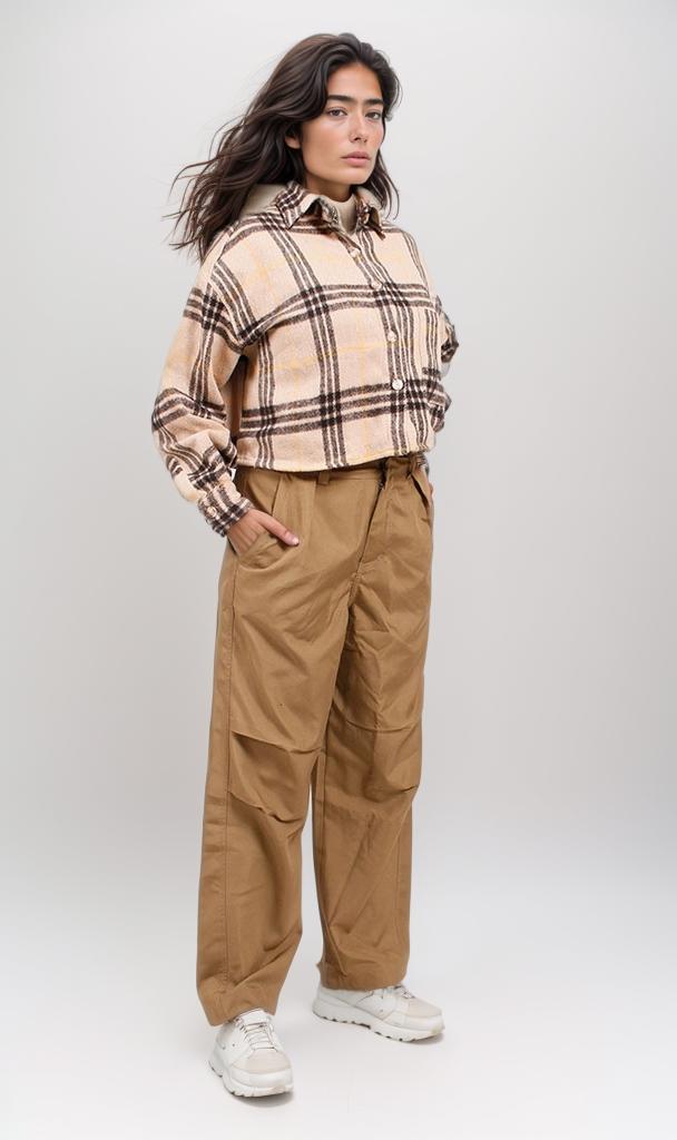 o200715-OVERSIZED CHECKED SHIRT - BEIGE