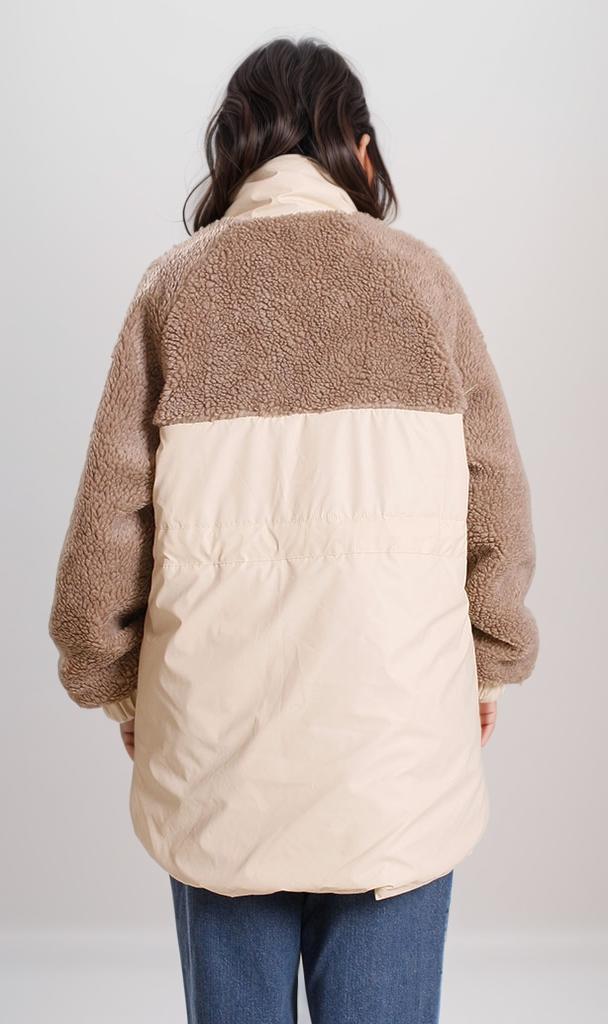 Two-Tone Sherpa Mixed Media Puffer Jacket with Tie-Waist