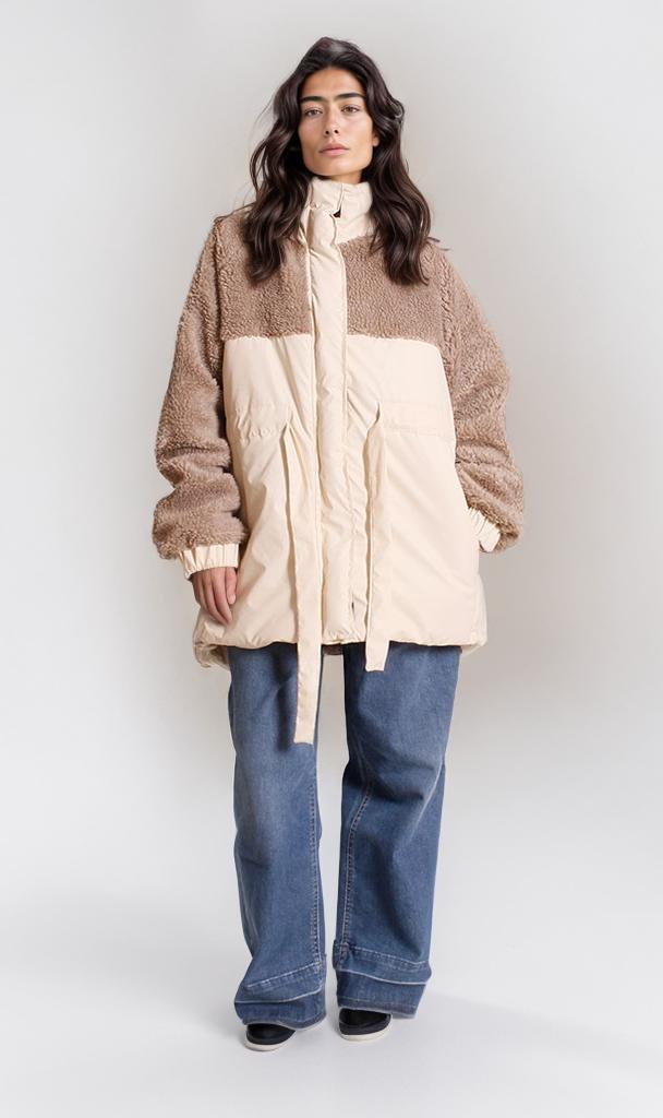 Two-Tone Sherpa Mixed Media Puffer Jacket with Tie-Waist
