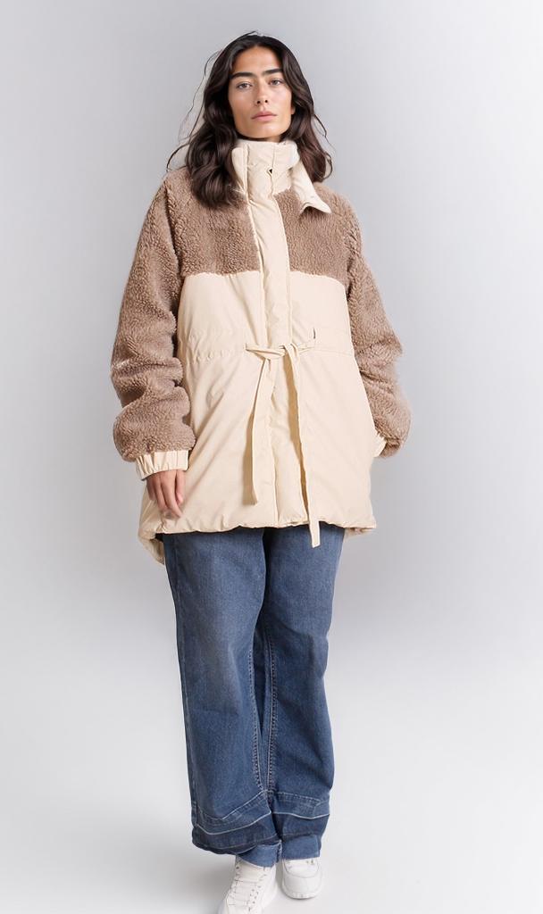Two-Tone Sherpa Mixed Media Puffer Jacket with Tie-Waist