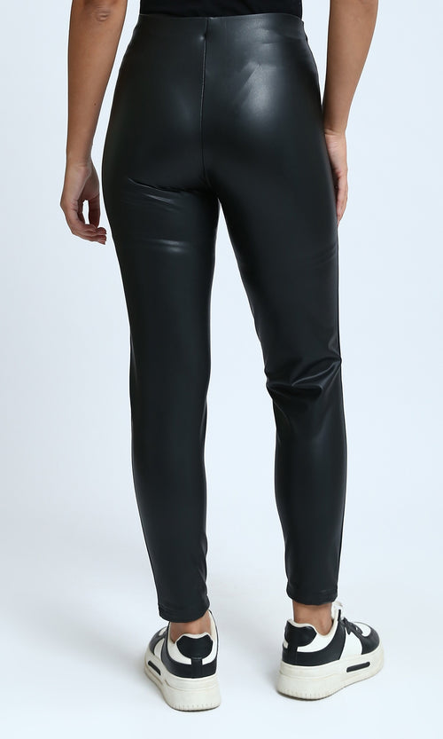 O200791 - Solid Faux Leather Leggings - Black