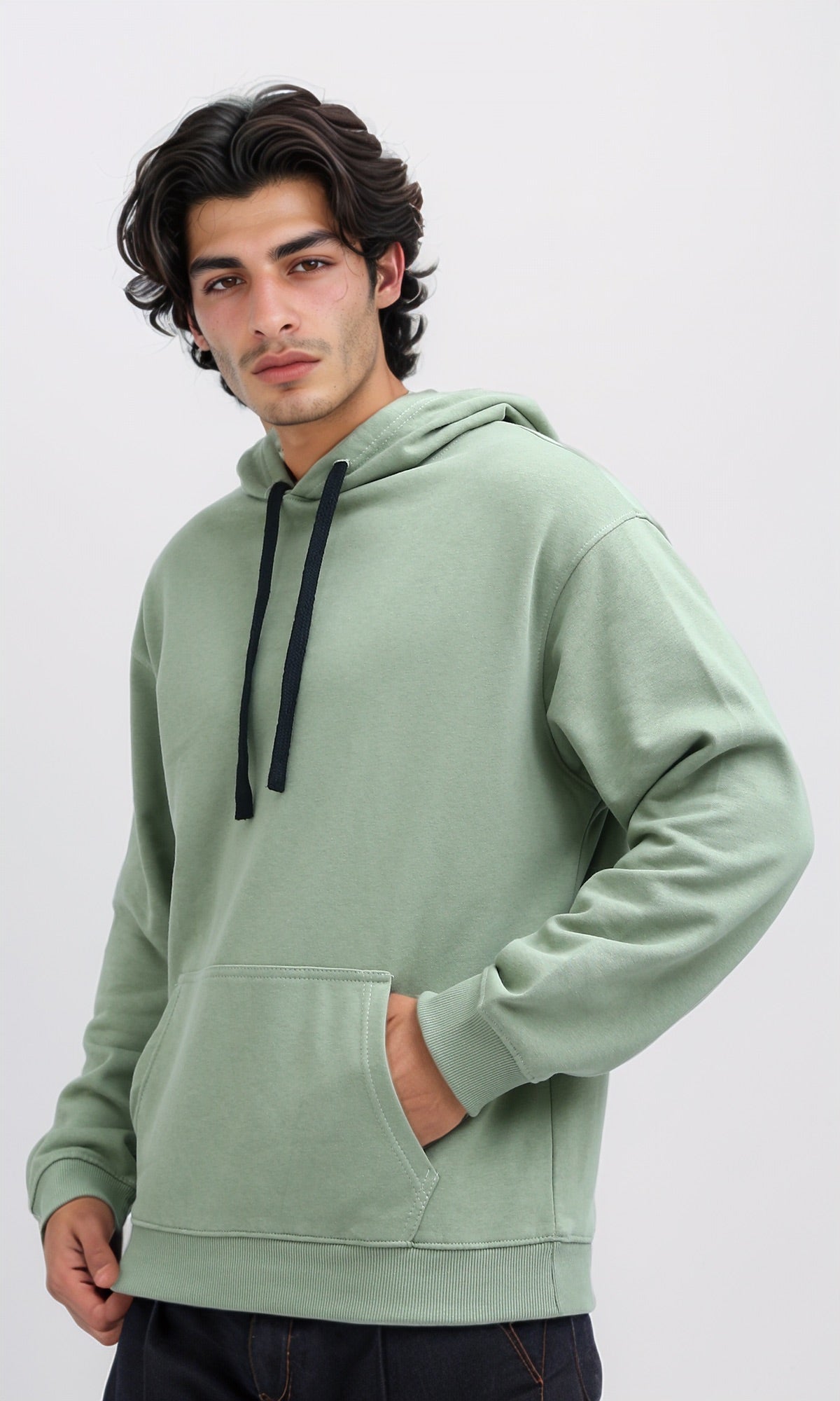 Sage Green Relaxed Fit Hoodie with Contrast Drawstrings - 0200898