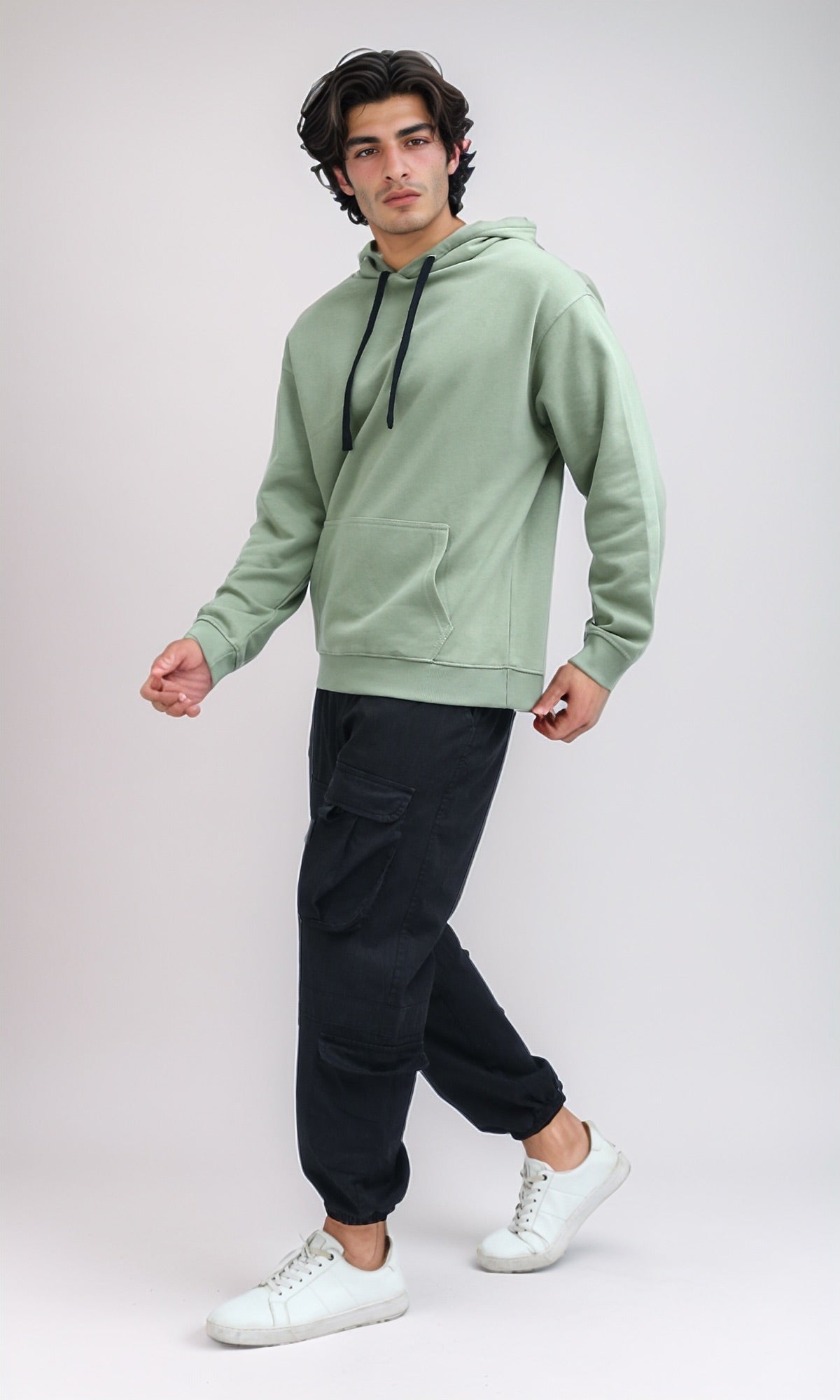 Sage Green Relaxed Fit Hoodie with Contrast Drawstrings - 0200898