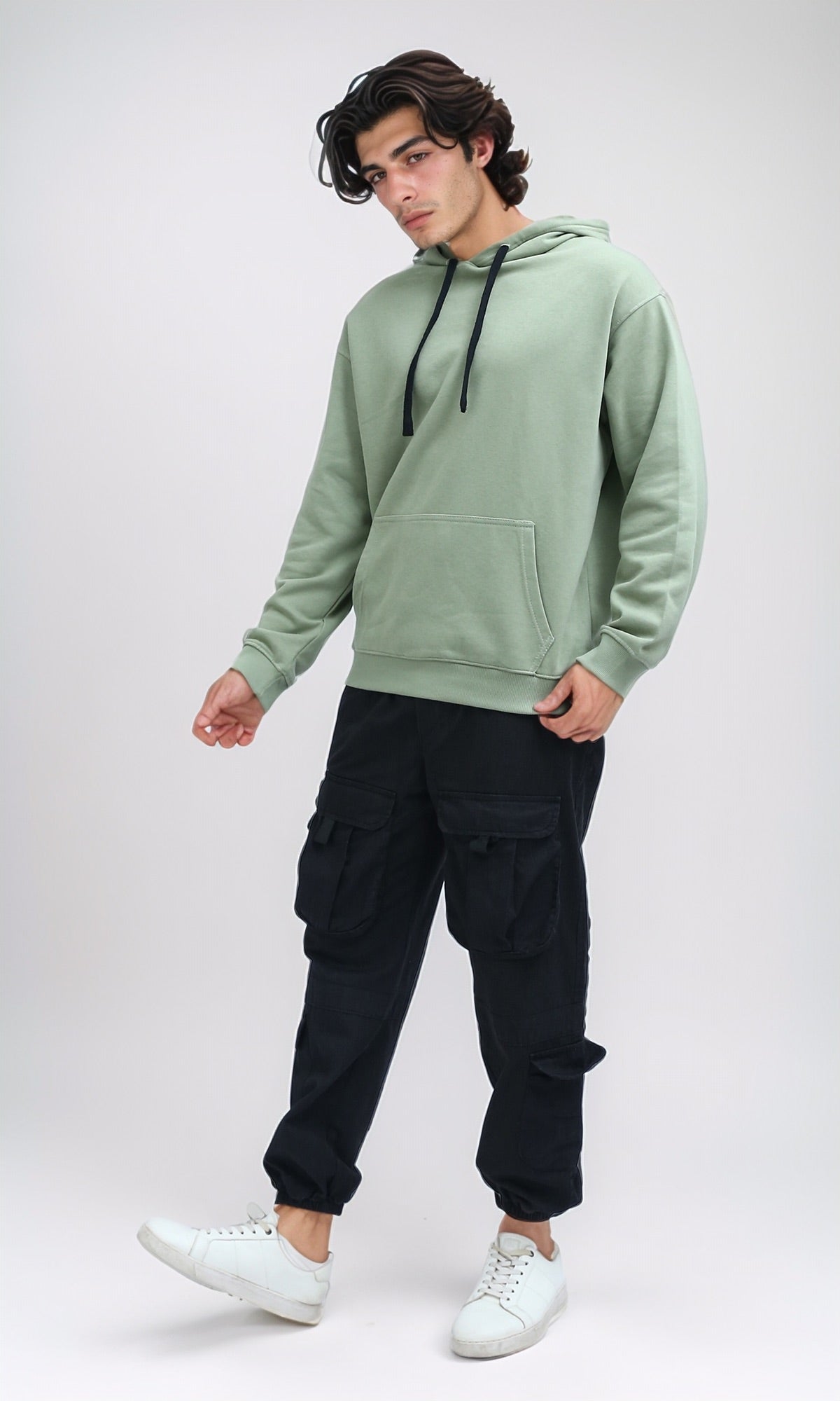 Sage Green Relaxed Fit Hoodie with Contrast Drawstrings - 0200898