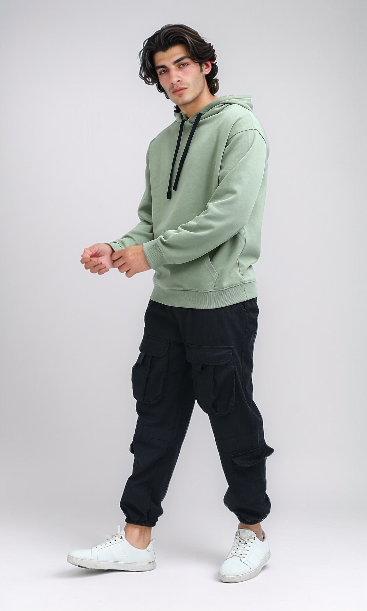 Sage Green Relaxed Fit Hoodie with Contrast Drawstrings - 0200898
