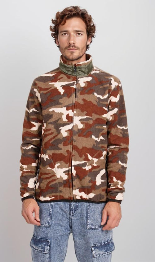 O200908-O200908 - Camo Zip-Up Fleece Jacket - Brown