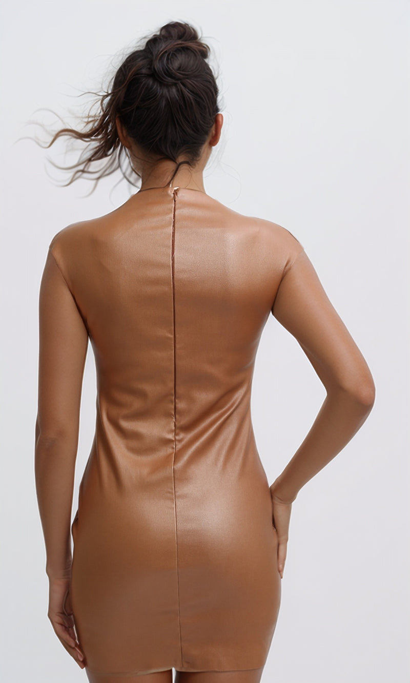 O200912 - Sleeveless Leather Bodycon Dress - Havana