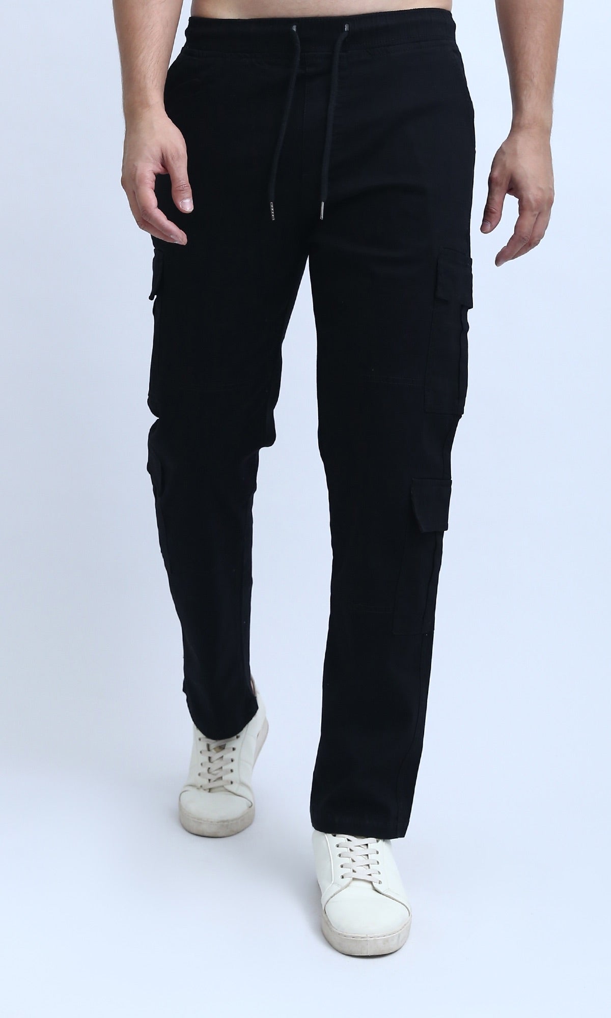 O201035 - Solid Cargo Pants with Side Pockets - Black