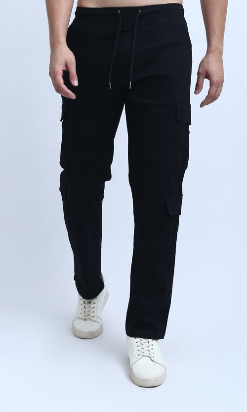 O201035 - Solid Cargo Pants with Side Pockets - Black