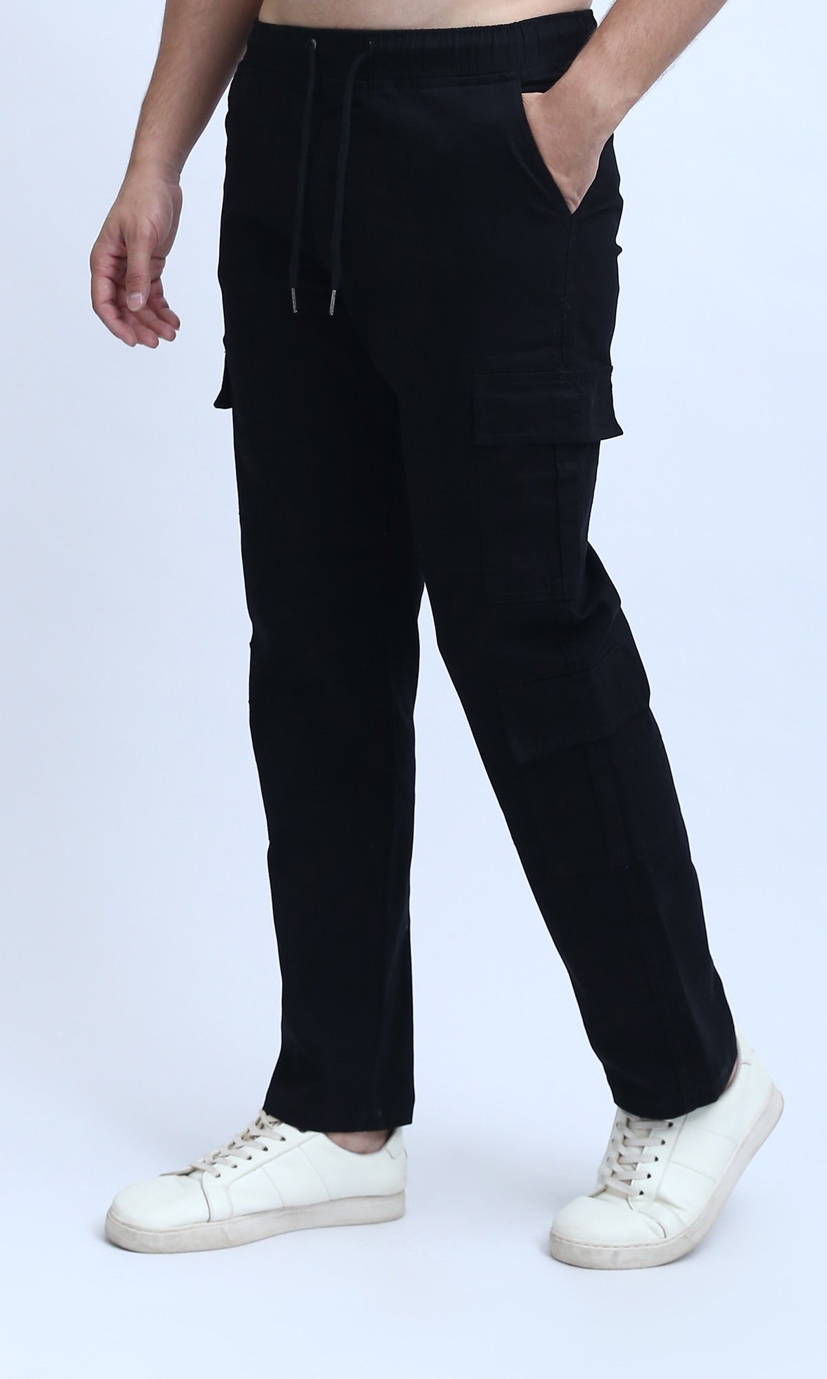 O201035 - Solid Cargo Pants with Side Pockets - Black