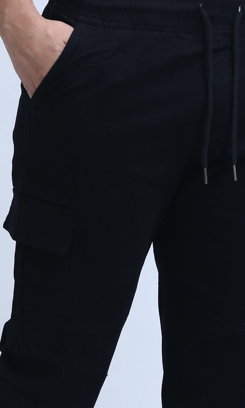 O201035 - Solid Cargo Pants with Side Pockets - Black