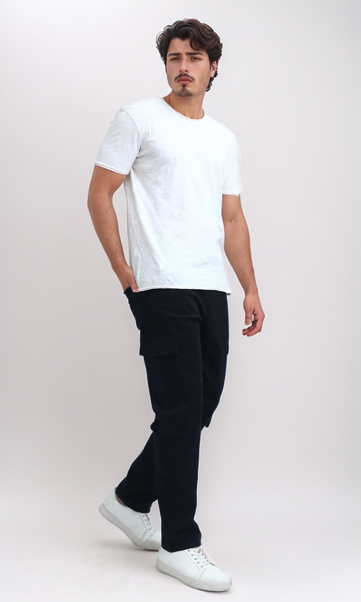 O201035 - Solid Cargo Pants with Side Pockets - Black