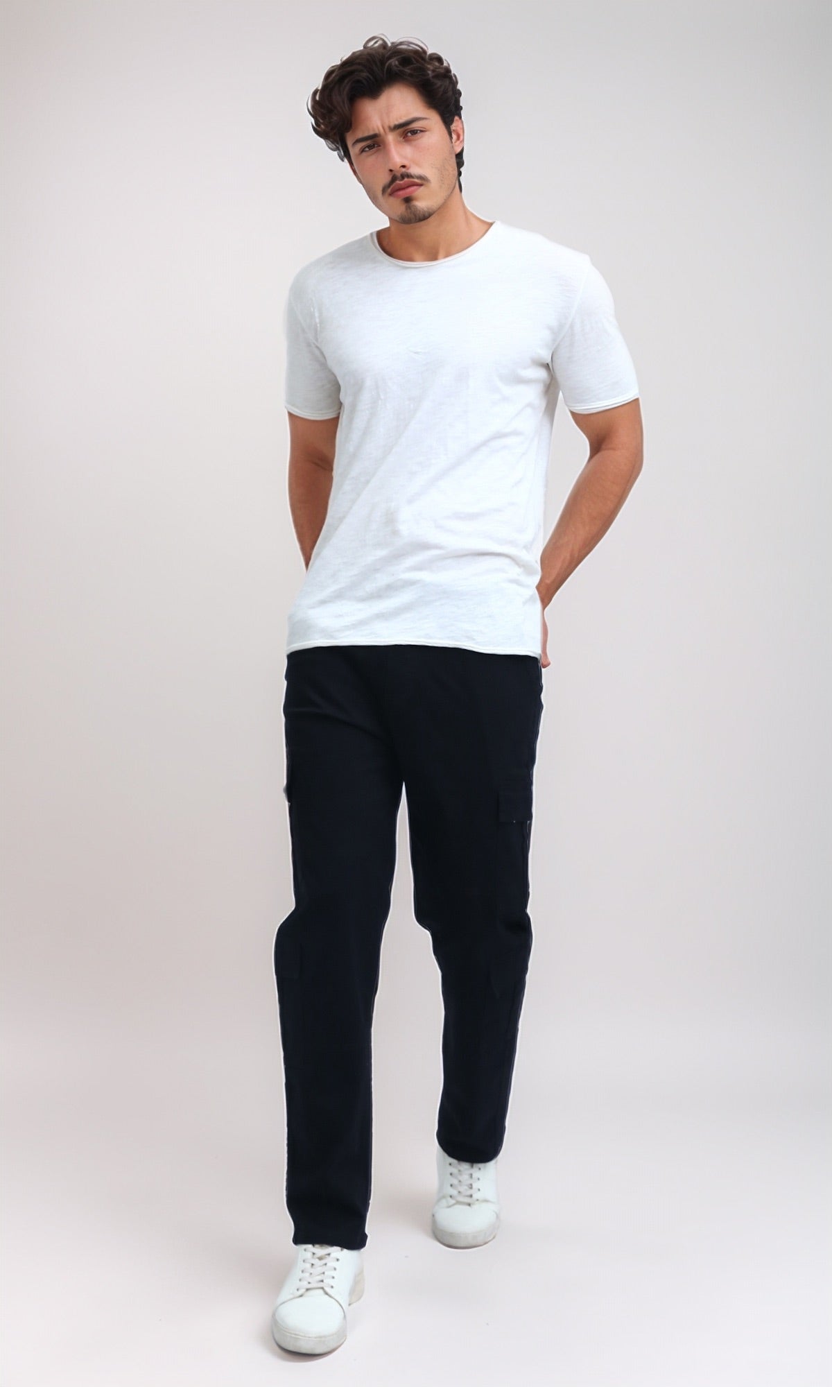 O201035 - Solid Cargo Pants with Side Pockets - Black