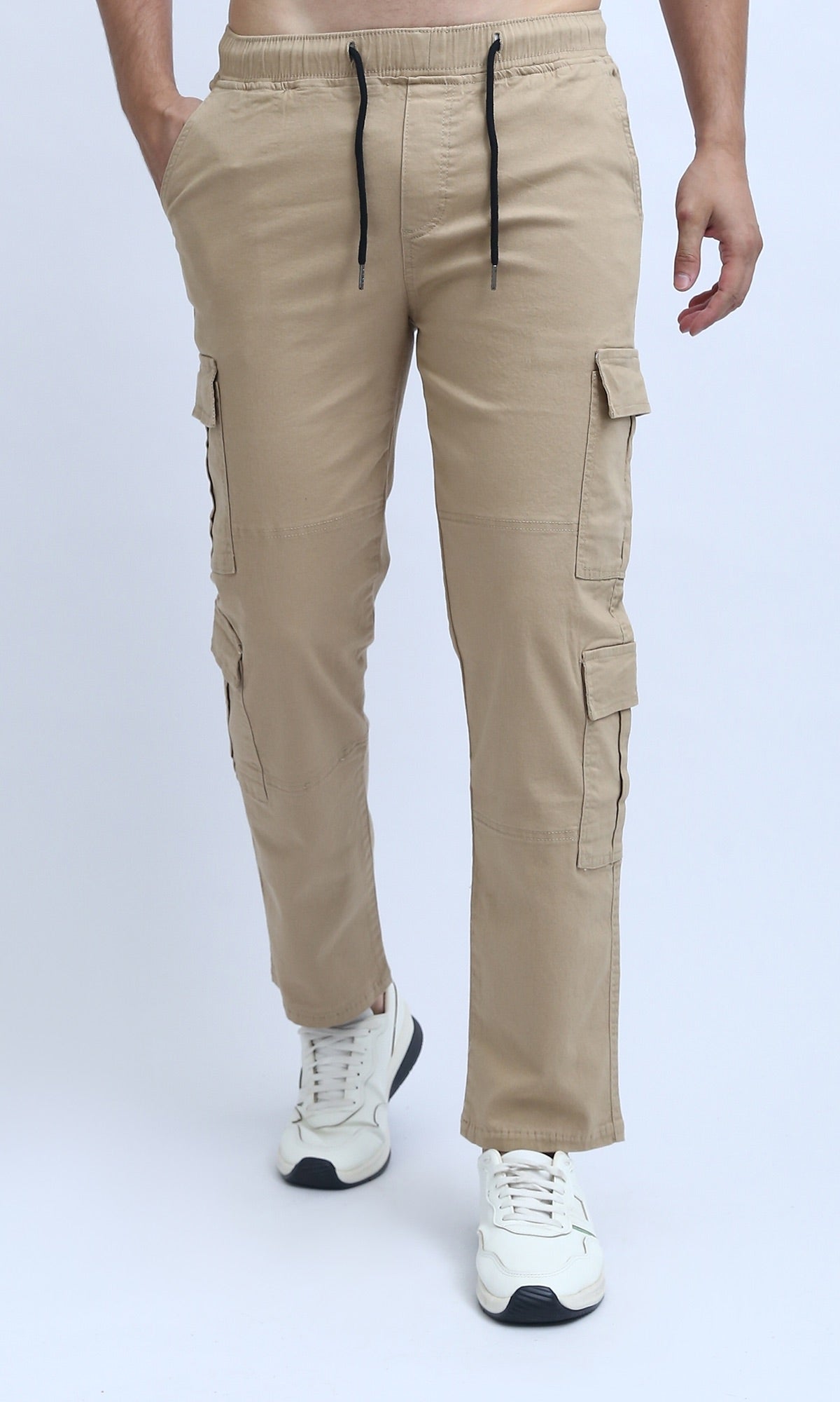 O201036 Solid Cargo Pants with Side Pockets - Beige