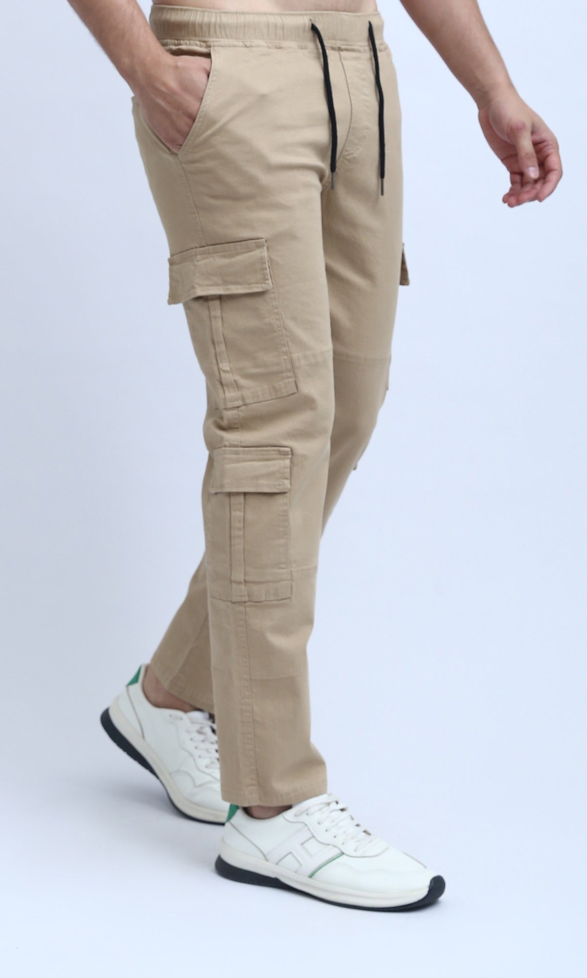 O201036 Solid Cargo Pants with Side Pockets - Beige