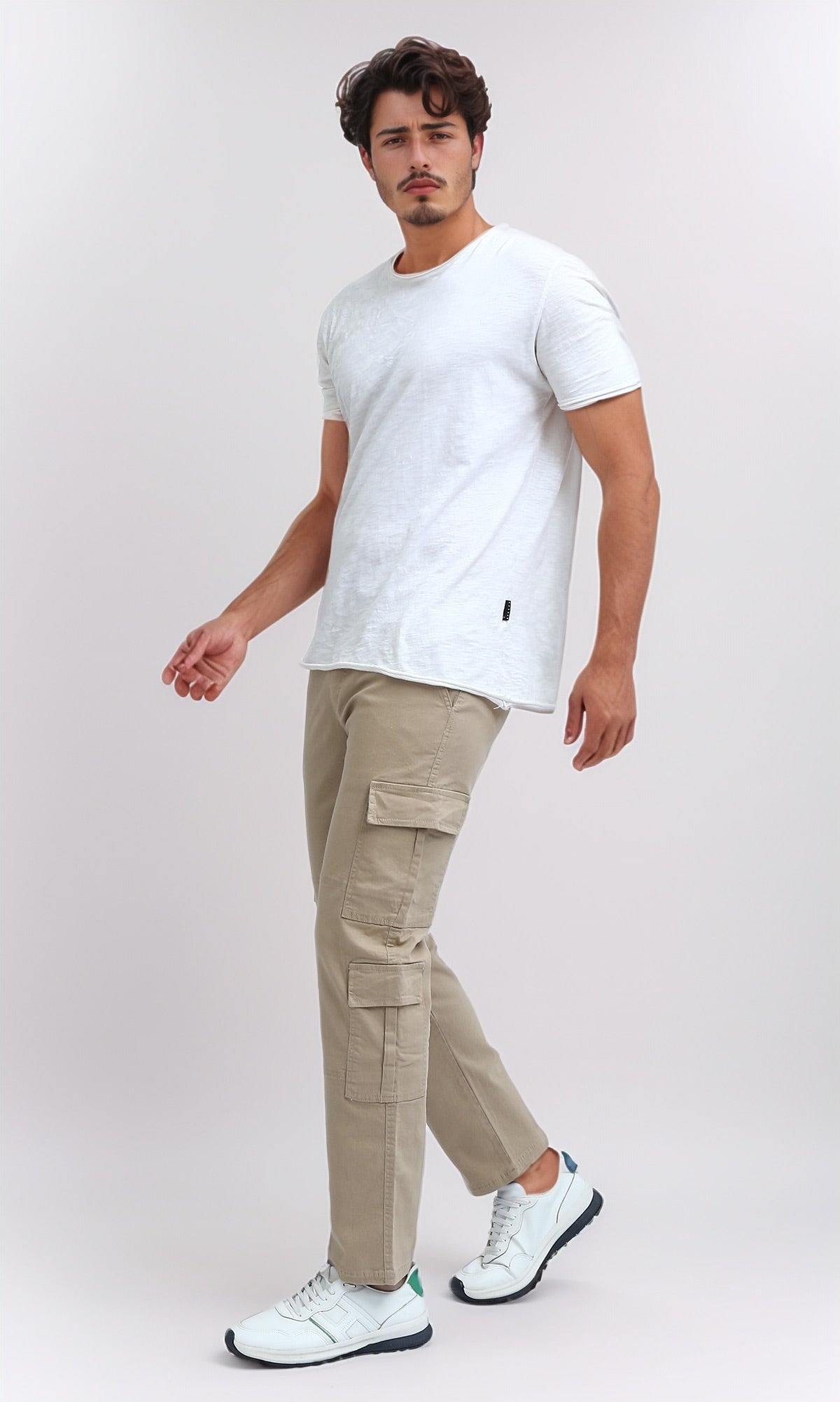 O201036 Solid Cargo Pants with Side Pockets - Beige